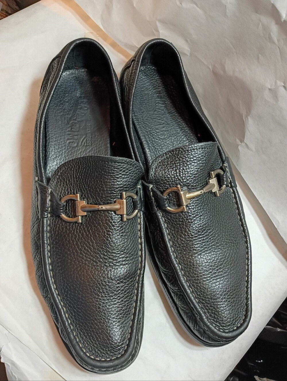 Ferragamo 12D blacl pebble leather loafers mens shoes